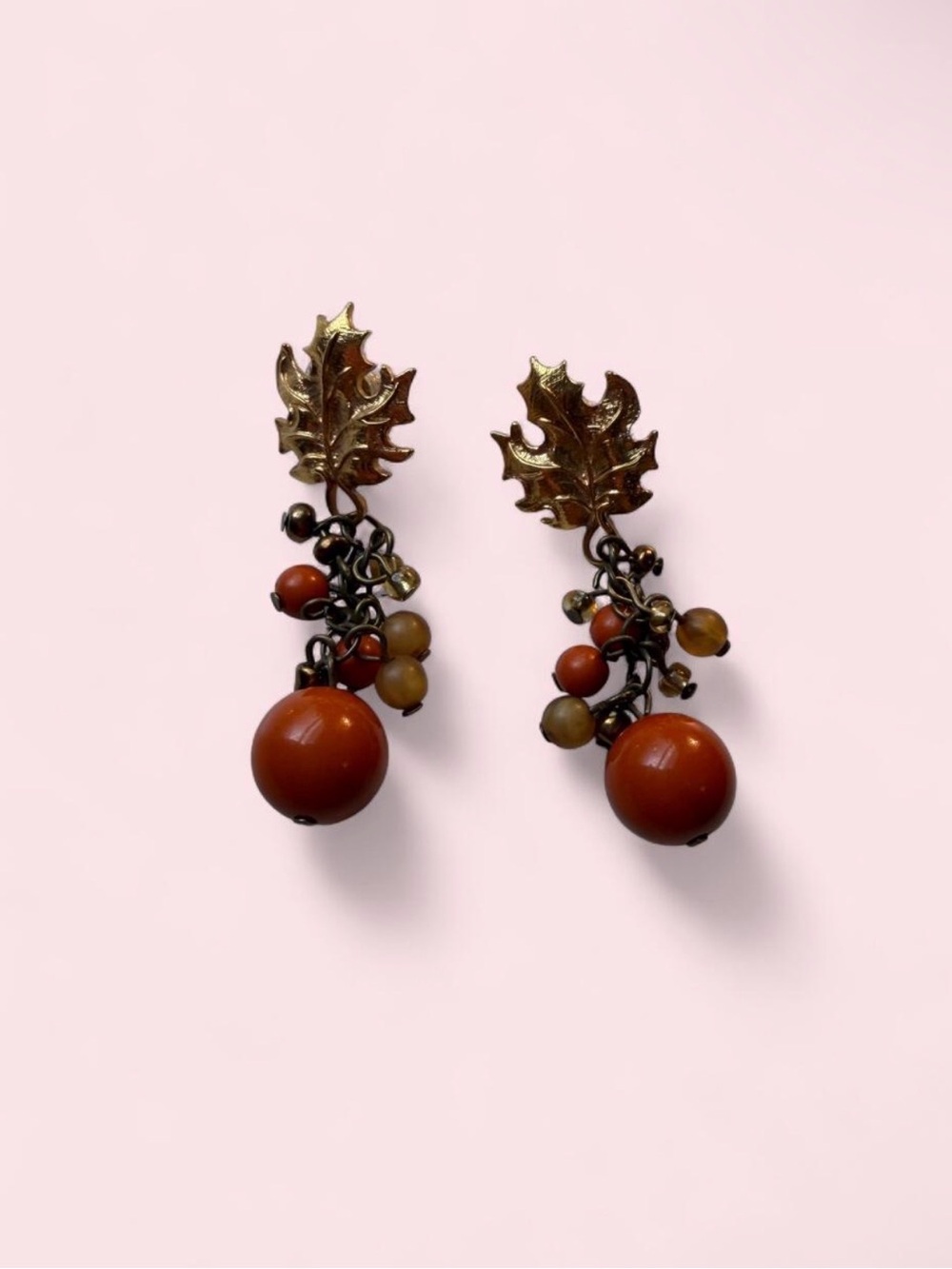 Vintage Gold Leaf Dangle Earrings with Beads